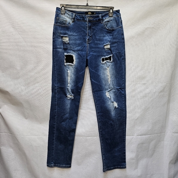 Lucky & Blessed Boyfriend Distressed Denim Blue Jeans Black Sequins Size 12 - Picture 1 of 6